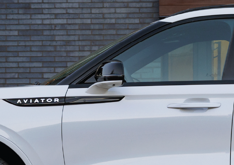 The driver’s door of a white 2025 Lincoln Aviator® SUV is showcased. | Planet Lincoln Love Field in Dallas TX