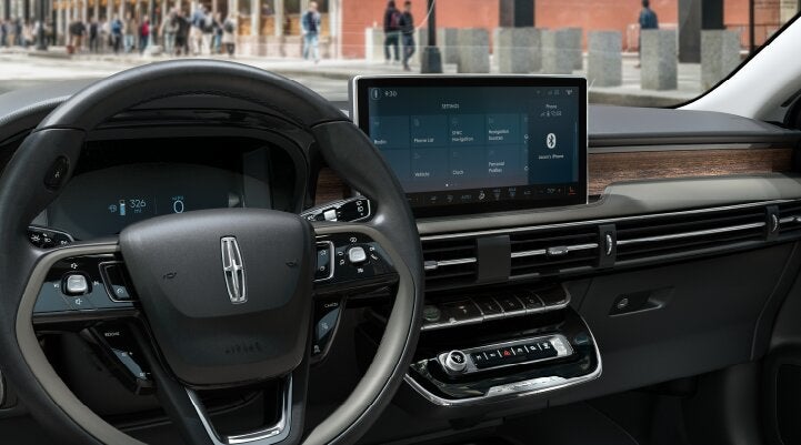 The center screen of the new 2025 Lincoln Corsair® SUV is showcased with its SYNC® 4 capabilities highlighted | Planet Lincoln Love Field in Dallas TX