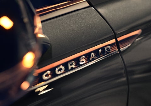 The stylish chrome badge reading “CORSAIR” is shown on the exterior of the vehicle. | Planet Lincoln Love Field in Dallas TX